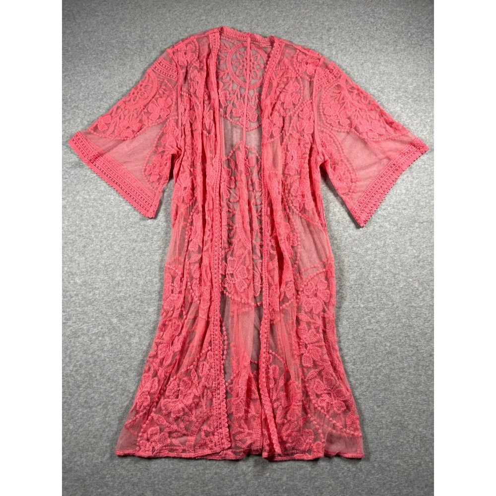 Womens Kimono OS Pink Sheer Lace Feminine Boho Chic Festival Rodeo Layering
